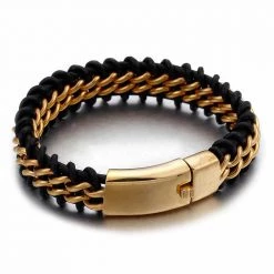 TrustyLan Official Store Stainless Steel And Leather Chain Bracelet