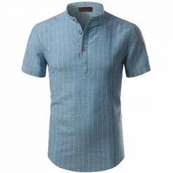 Mens Wardrobe Store Men's Apparels Sky Madrid Linen Striped Short Sleeve Shirt