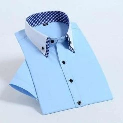 YaoMan E-Commerce Co.,Ltd. Store Sky Madrid Plaid Collar Short Sleeve Shirt