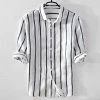 Cotton Linen Store Sky Madrid Linen Striped 3/4 Sleeve Shirt