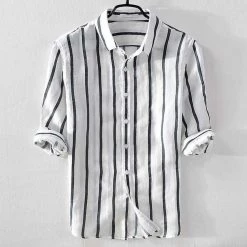 Cotton Linen Store Sky Madrid Linen Striped 3/4 Sleeve Shirt