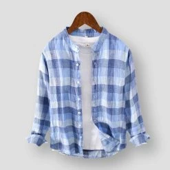 MOGELAISI Official Store Men's Apparels Sky Madrid Plaid Linen Shirt