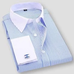 QISHA MEN SHIRT Store Men's Apparels Sky Madrid Striped Cufflink Dress Shirt
