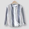 China Cloth Saint Morris Linen Striped Stand Collar Long Sleeve Shirt Men's Apparels