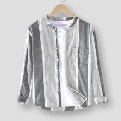 China Cloth Saint Morris Linen Striped Stand Collar Long Sleeve Shirt Men's Apparels