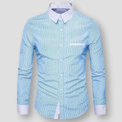 987 Crooked Store Sky Madrid Striped Long Sleeve Slim Shirt Men's Apparels