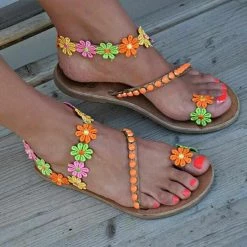 Shop5255197 Store Boho Flower Cross Toe Flat Sandals Women's Apparels