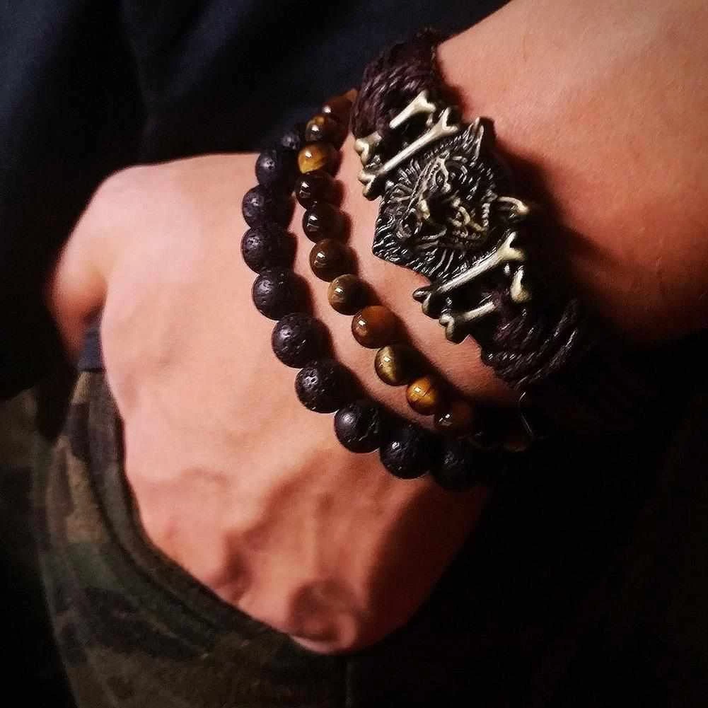 SMON Store Wolf Lava Stone Bracelet Set Men's Apparels 3 SMON Store Wolf Lava Stone Bracelet Set Men's Apparels