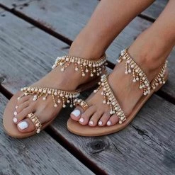 Muqing Store Women's Apparels Handmade String Bead Flat Sandals