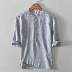 SinKove Store Sky Madrid 3/4 Linen Striped Shirt