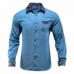 Hi-Tie Outles Store Sky Madrid Button-Up Paisley Shirt Men's Apparels