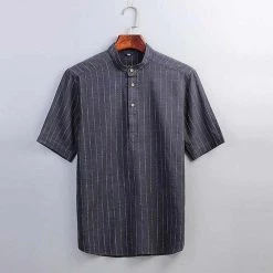 Moringcute Store North Royal Striped Linen Short Sleeve Shirt