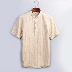 Moringcute Store North Royal Striped Linen Short Sleeve Shirt