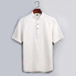 Moringcute Store North Royal Striped Linen Short Sleeve Shirt