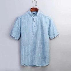 Moringcute Store North Royal Striped Linen Short Sleeve Shirt